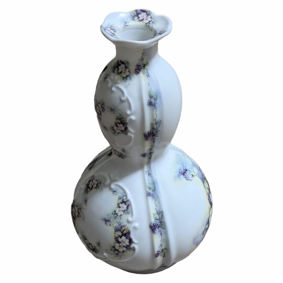 Vintage Omega Porcelain Double Gourd Vase Victorian Flowers Grapes Raised Design - Picture 7 of 11
